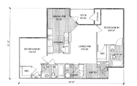 Floor plan for 2 beds, 2 baths, 1206 sqft
